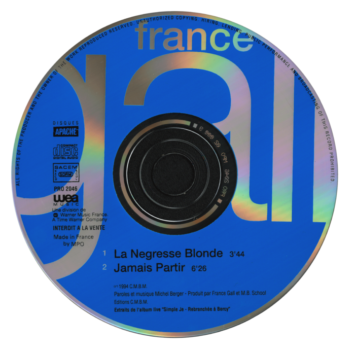 Ce CD single promo contient 2 titres extraits de l'album live Simple Je - Débranchée à Bercy 93. Le single contient les titres La Négresse blonde et Jamais partir.