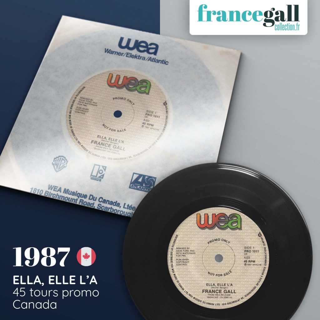 Ce 45 tours promotionnel provenant du Canada est le 2ème extrait de Babacar, le 6ème album studio que Michel Berger a produit pour France Gall, avec le titre Ella, elle l'a.
