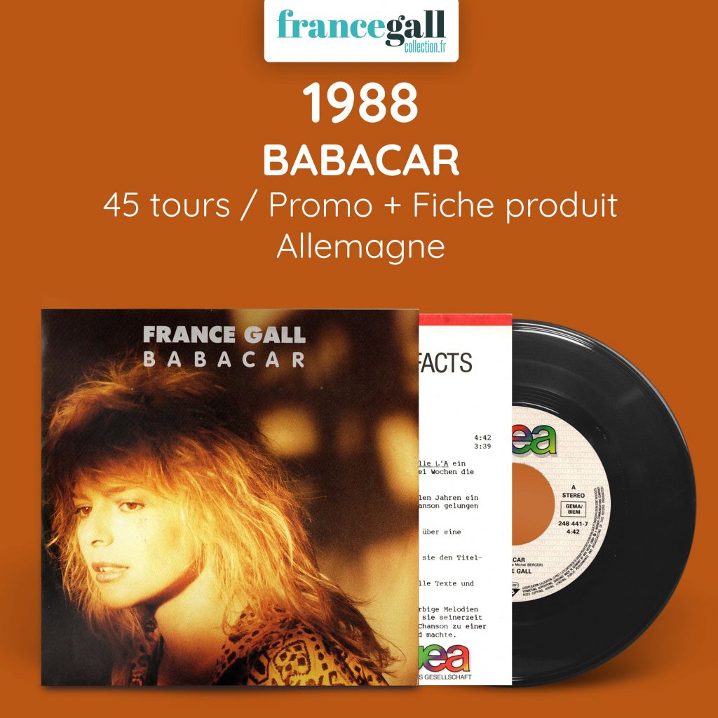 45 tours promotionnel édité en mai 1988, avec fiche artiste provenant d'Allemagne, contenant les 1ers extrait de Babacar.