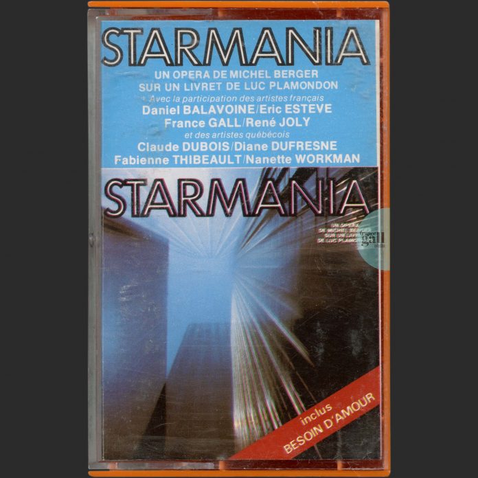 Edition orange au format cassette de 1979 de Starmania, ou la passion de Johnny Rockfort selon les évangiles télévisés, qui contient 22 titres enregistrés en studio de l'opéra de Michel Berger et Luc Plamondon.
