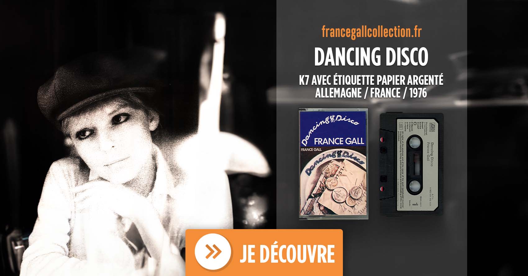 Album au format cassette avec une étiquette en papier argenté de Dancing Disco, le second album studio que Michel Berger a produit pour France Gall en 1977. Sur la cassette de cette édition imprimée en Allemagne, l'année indiquée est 1976 (© 1976 Atlantic Recording Corp.).