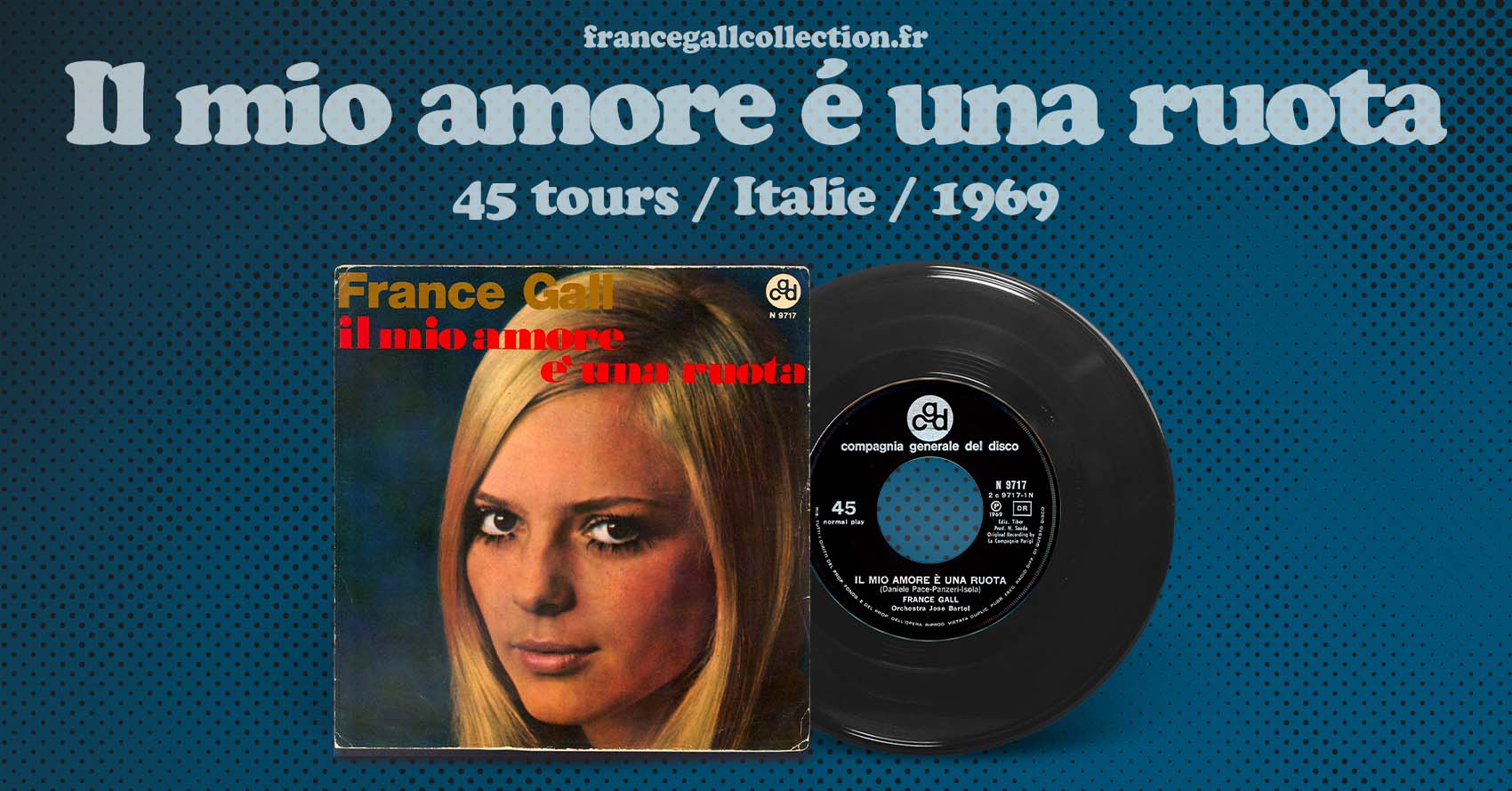 45 tours en provenance d'Italie contenant en face A le titre Il mio amore é una ruota et en face B la chanson Il topolino blu, version Italienne du titre La Torpedo bleue, adaptation française par Robert Gall.